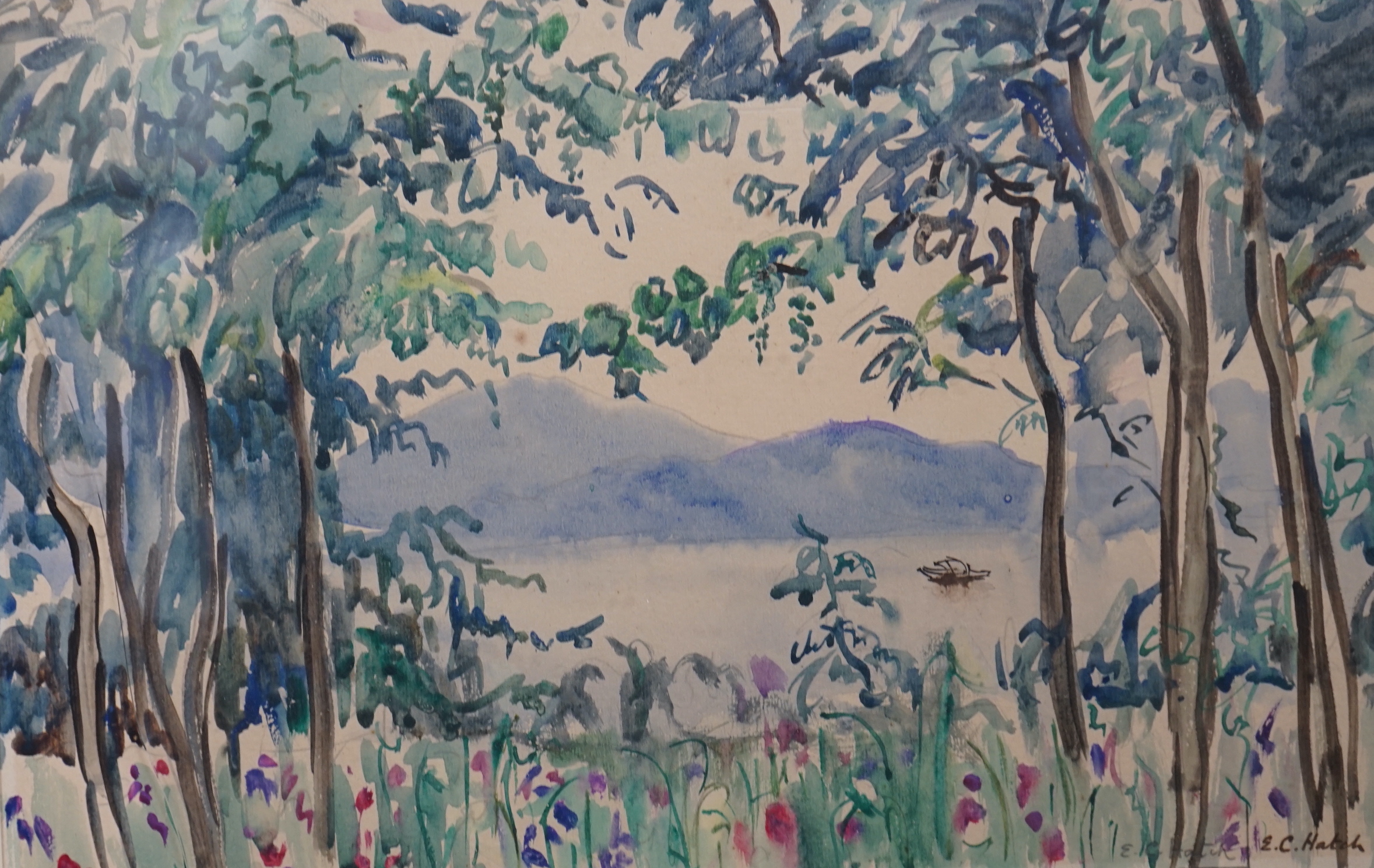 Ethel Charlotte Chase Hatch (1869-1975), watercolour, Malaysian river landscape, signed, 22 x 34cm